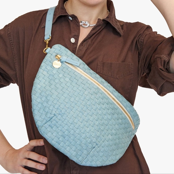 CLARE V GRANDE FANNY BAG IN SUNBLEACHED SKY BLUE WOVEN CHECKER LEATHER - Picture 1 of 10